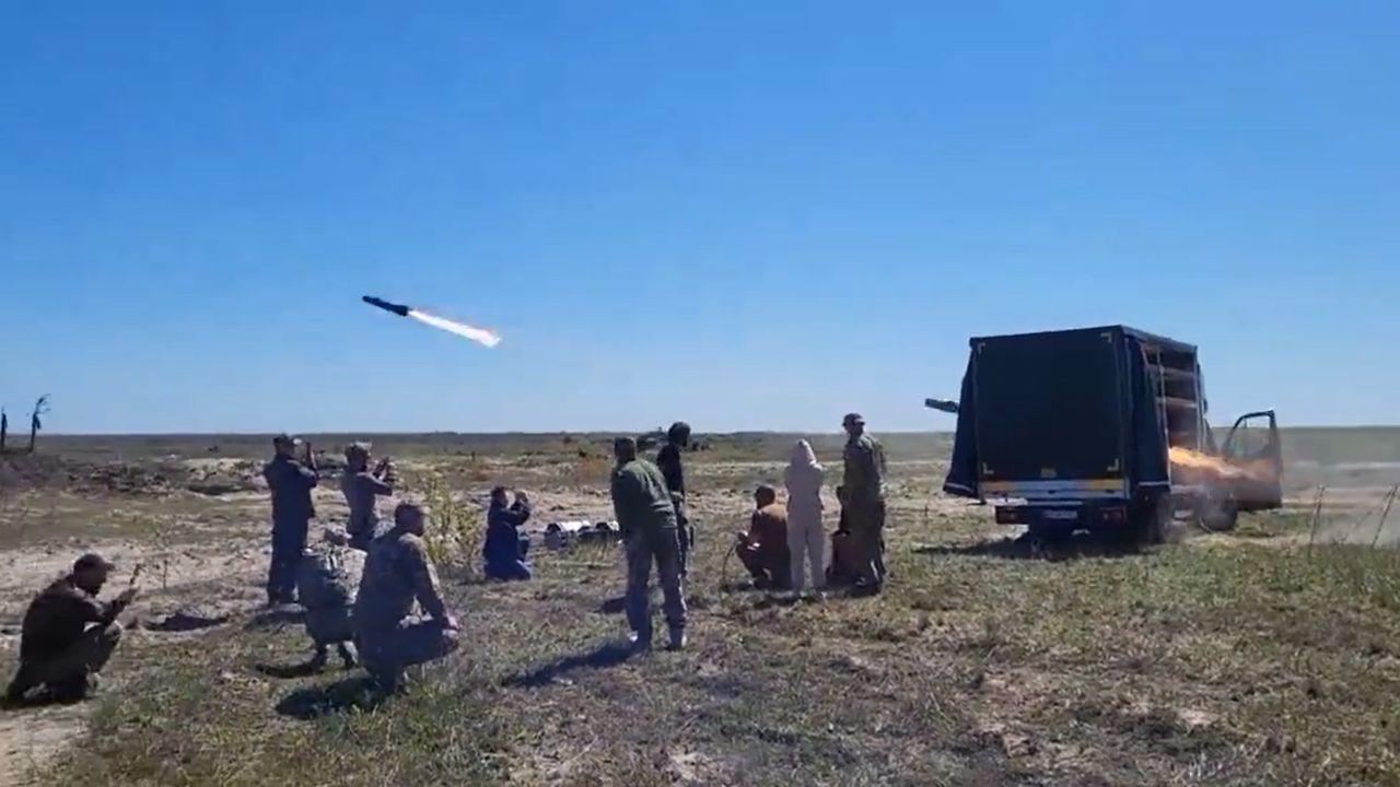 Ukrainians launching a test salvo of Brimstone missiles from a test launcher mounted on a truck.