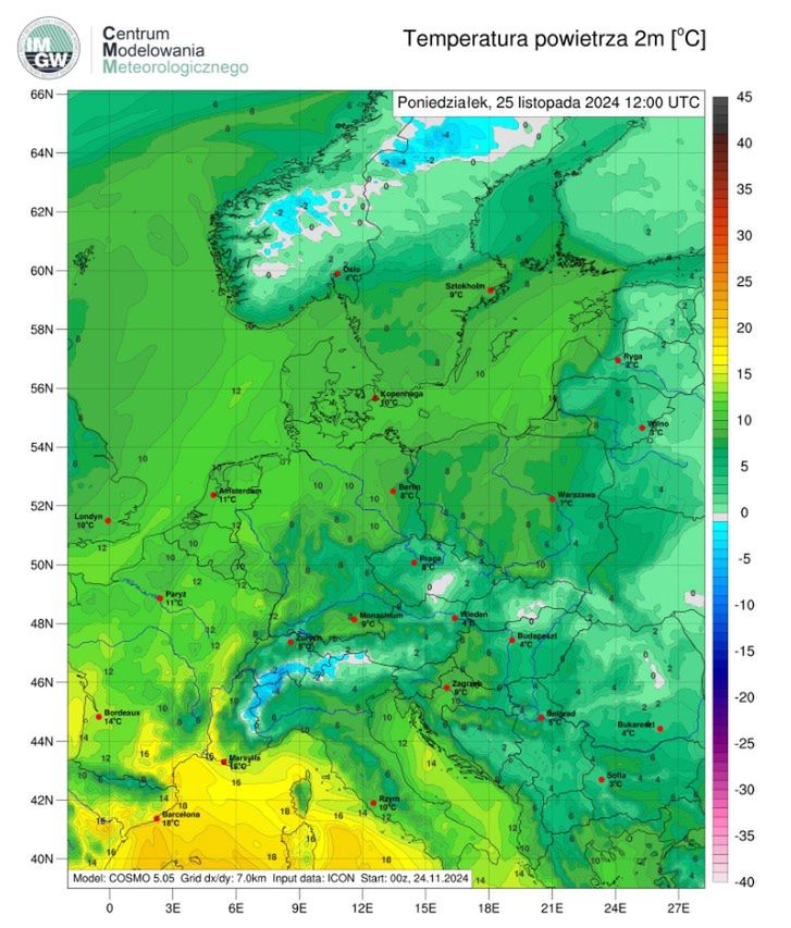  Prognozowana temperatura w poniedziałek