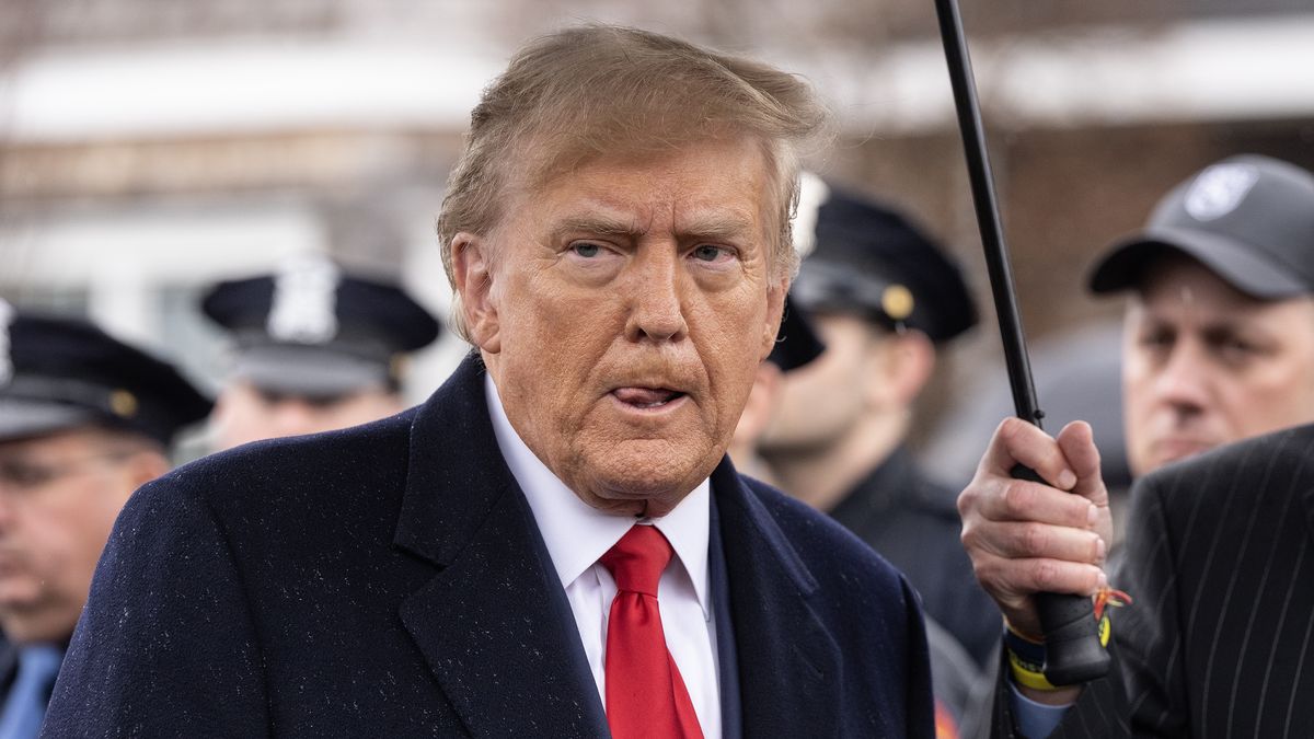 MASSAPEQUA PARK, NEW YORK, UNITED STATES - 2024/03/28: Former President Donald Trump speaks to the press after attending the wake for the slain NYPD (New York City Police Department) officer Jonathan Diller at Massapequa Funeral Home. (Photo by Lev Radin/Pacific Press/LightRocket via Getty Images)