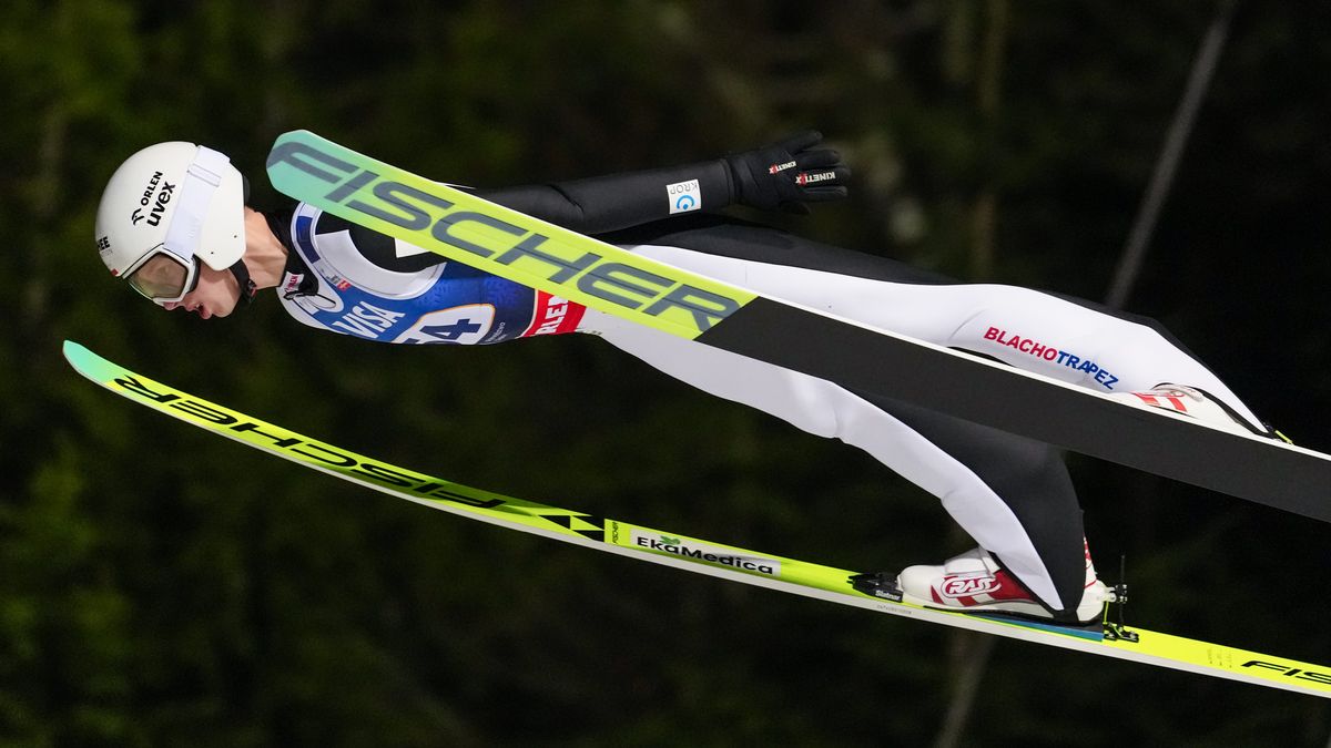 Kacper Tomasiak during training session during Ski Jumping World Cup in Wisla, Poland on December 5, 2025 (Photo by Foto Olimpik/NurPhoto via Getty Images)