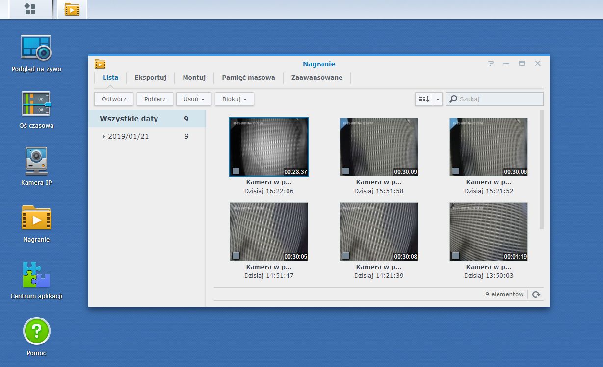 Przeglądanie plików nagrań w Surveillance Station.