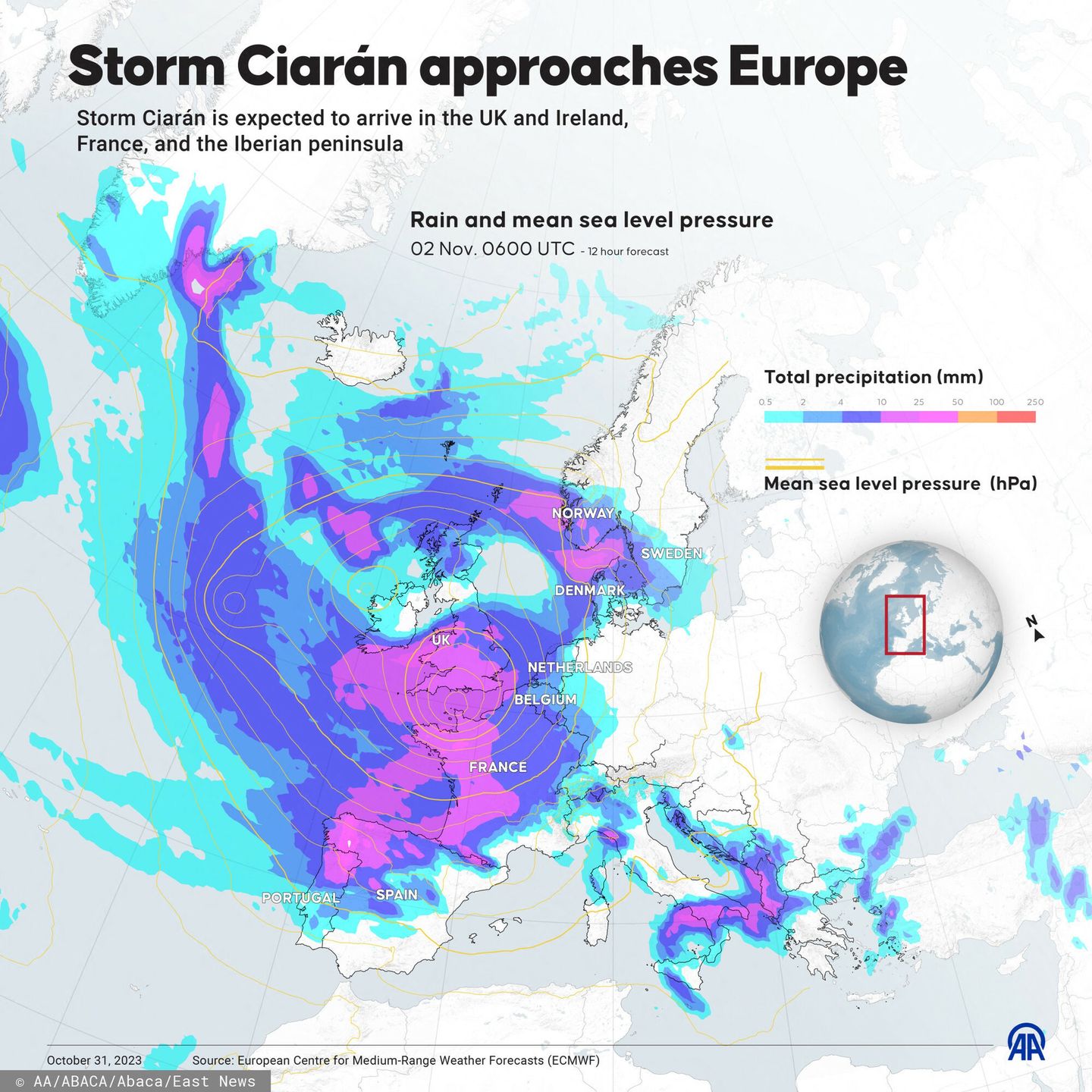 TemporaryANKARA, TURKIYE - OCTOBER 31: An infographic titled "Storm Ciaran approaches Europe" created in Ankara, Turkiye on October 31, 2023. Storm Ciaran is expected to arrive in the UK and Ireland, France, and the Iberian peninsula???????. Yasin Demirci / AnadoluAA/ABACA