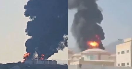 Port w Omanie trafiony. Ogień i gigantyczny słup dymu