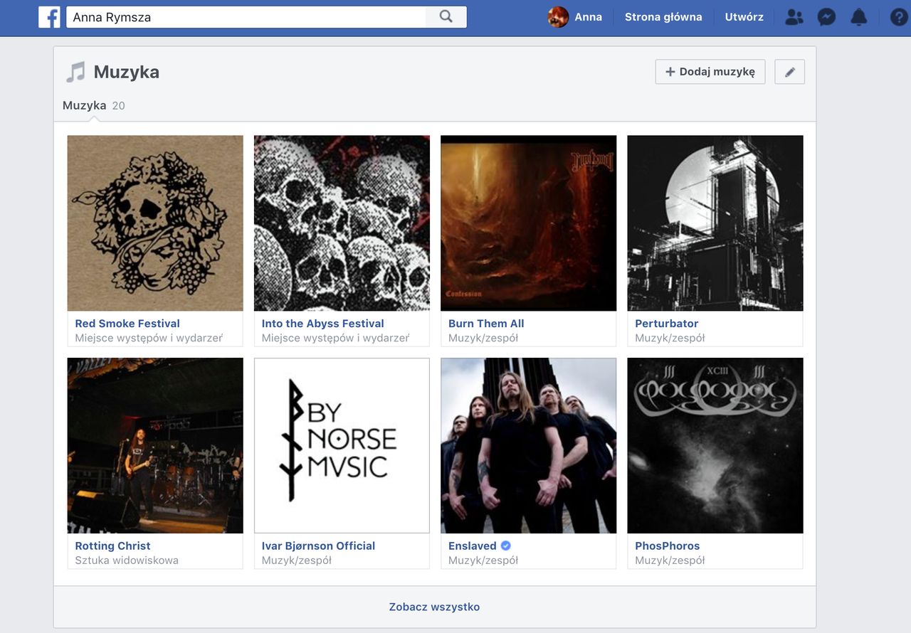 Moja sekcja „Muzyka” na Facebooku
