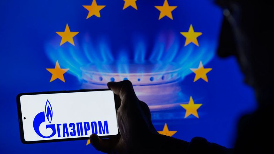 Gazprom - EU Natural Gas TTF - Photo Illustration
The Gazprom logo displays on a smartphone with the European Union flag visible in the background in this photo illustration in Brussels, Belgium, on January 3, 2025. (Photo Illustration by Jonathan Raa/NurPhoto via Getty Images)
NurPhoto
petroleum, economics, petrol, moscow, russia oil production, fuel, state-owned multinational energy corporation, gas supply, restrictions, gas embargo, eu, gas ttf, energy, industrial, pjsc gazprom, high price, oil, gazprom logo, gas market eu, gas savings, neft, benzine, transport, russian, gazprom oil, russia oil, company, gas price, supply embargo