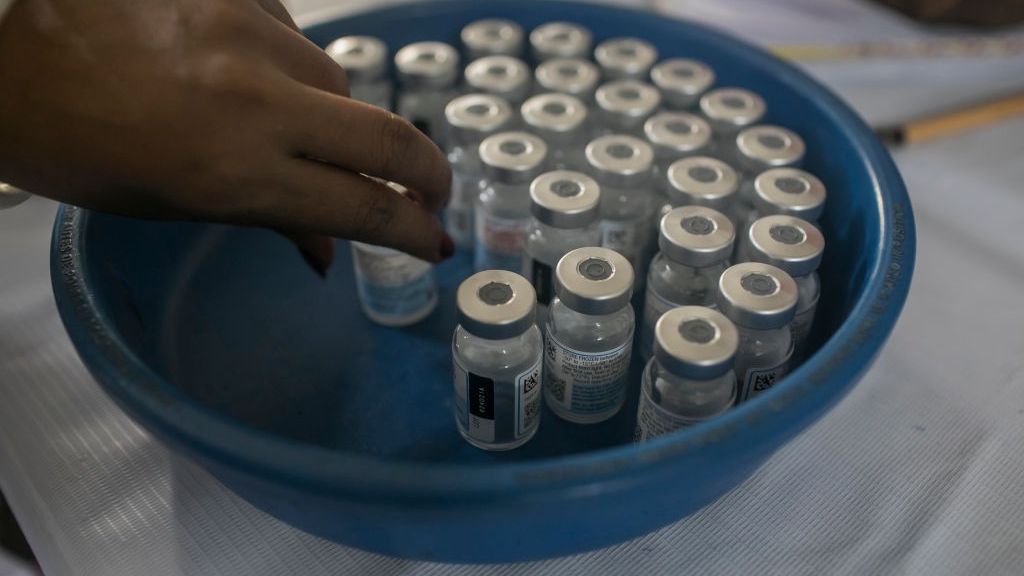 Vials containing Moderna COVID19 vaccine seen during aDHAKA, BANGLADESH - 2021/09/08: Vials containing Moderna COVID19 vaccine seen during a vaccination campaign at a vaccination center in Dhaka.Bangladesh residents gather in large numbers at Mohammadpur Government Primary School, a designated vaccination center in Dhaka to receive a Covid-19 Vaccination dose, a second day into the mass vaccination campaign that started on Sept 7 and will be ending on 12th. (Photo by Sazzad Hossain/SOPA Images/LightRocket via Getty Images)SOPA Imagesvials, moderna, modernatx, corona virus, covid, covid19, covid 19, sars-cov-2, pandemic, outbreak, immunity, infection, vaccinate, vaccine, health, immunization, mass vaccination, vaccination campaign, mohammadpur government primary school