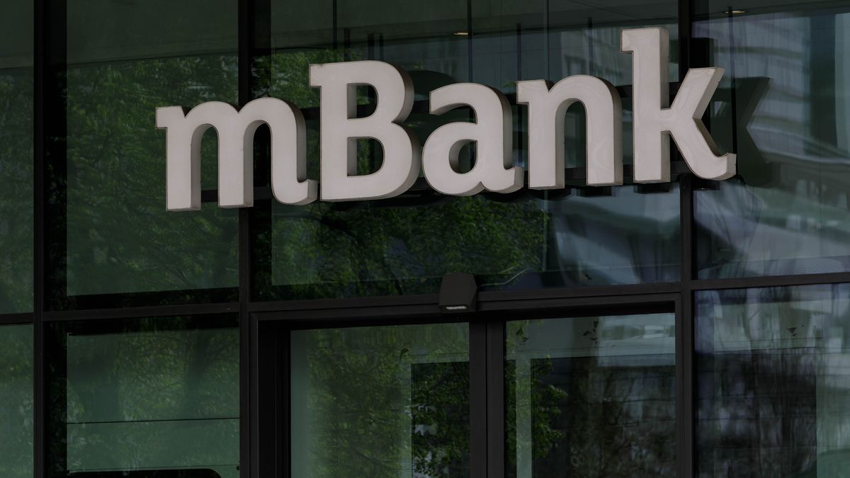 WARSAW, POLAND - 2024/04/08: The logo of mBank is seen on the building in the center of Warsaw. (Photo by Volha Shukaila/SOPA Images/LightRocket via Getty Images)