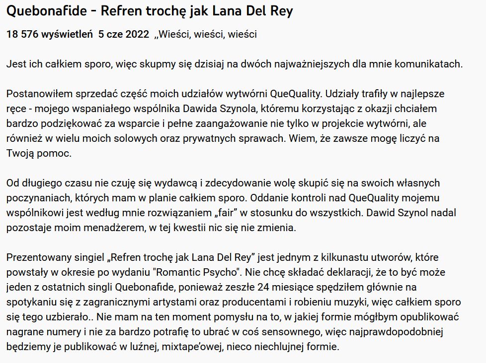 Screen opisu pod piosenką "Refren trochę jak Lana Del Rey"