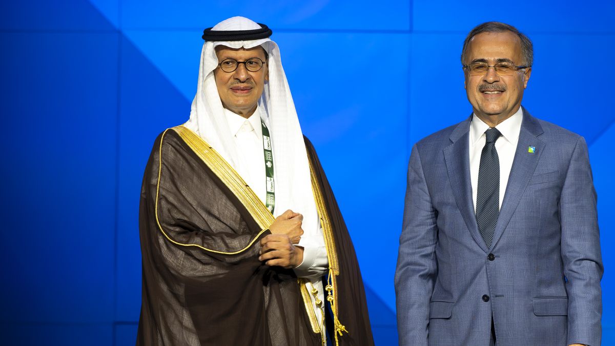 Prince Abdulaziz bin Salman, Saudi Arabia's energy minister, left, and Amin Nasser, chief executive officer of Saudi Aramco, during the 24th World Petroleum Congress in Calgary, Alberta, Canada, on Monday, Sept. 18, 2023. The conference includes about 500 speakers who will tackle topics including decarbonizing hydrogen production and indigenous participation in net zero efforts. Photographer: Gavin John/Bloomberg via Getty Images