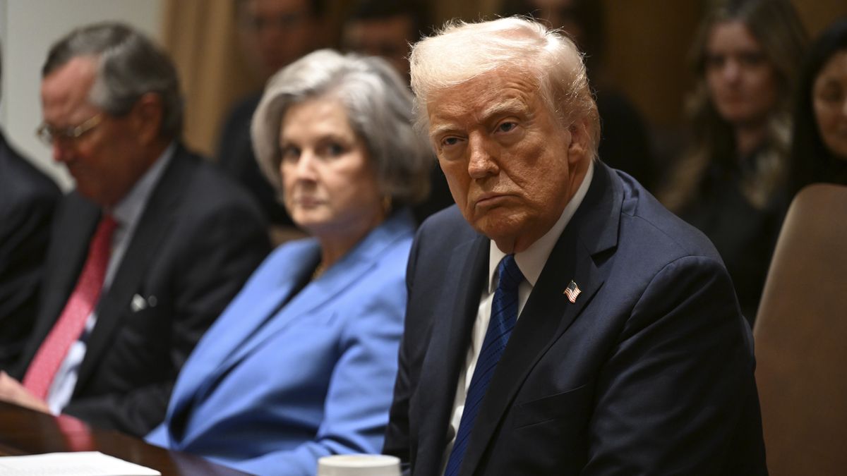 WASHINGTON, DC - MARCH 25: President Donald Trump, right, with his Chief of Staff Susan Wiles as they meet with ambassador nominees in the Cabinet Room at the White House in Washington, DC on March 25, 2025. (Photo by John McDonnell/For The Washington Post via Getty Images)