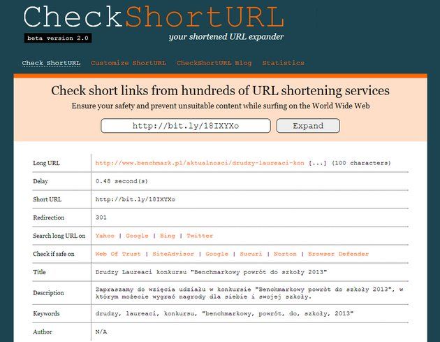 CheckShortURL screen