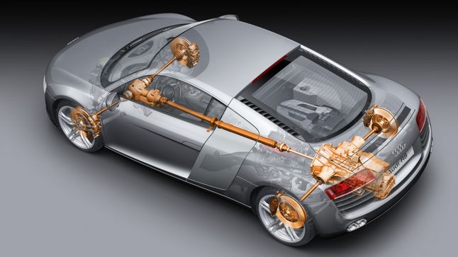 Audi R8 to jeden z wyjątków od reguły - ma silnik umieszczony wzdłużnie z tyłu, a przy przedniej osi znajduje się sprzęgło haldex.