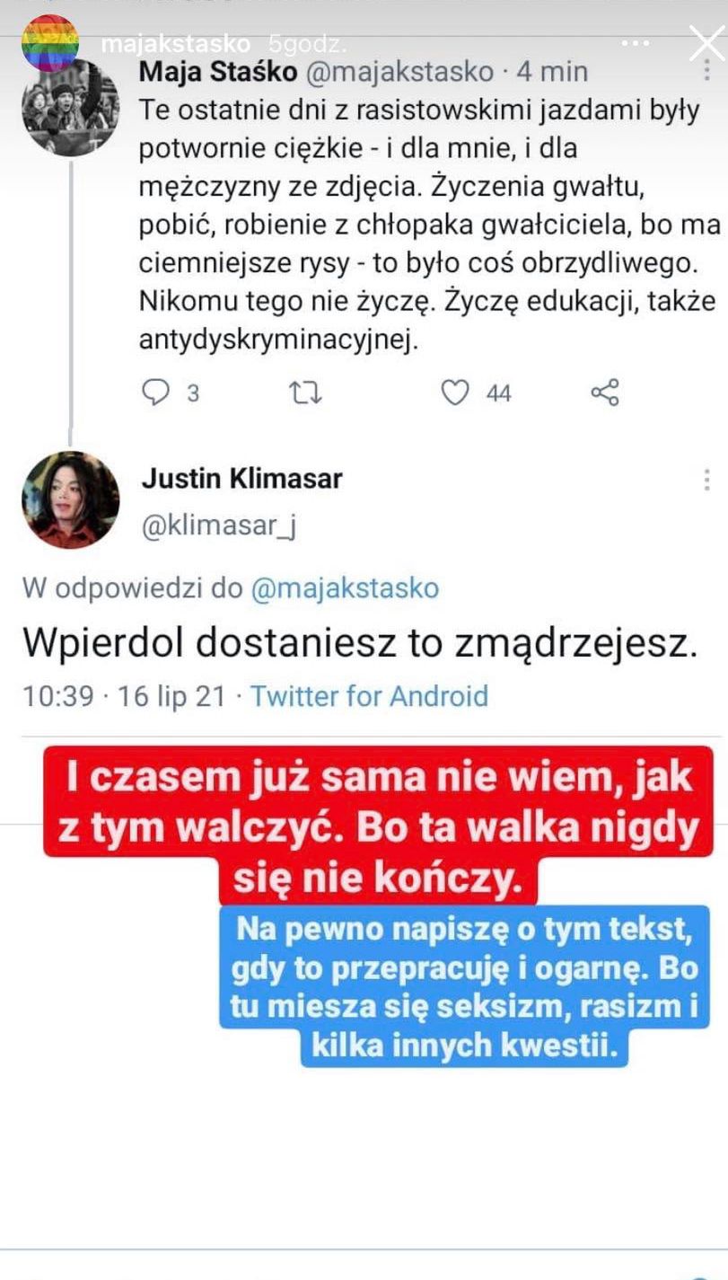Maja Staśko publikuje na Instagramie obelgi i raistowskie, pełne hejtu komentarze po tym, jak wrzuciła do sieci zdjęcie z chłopakiem
