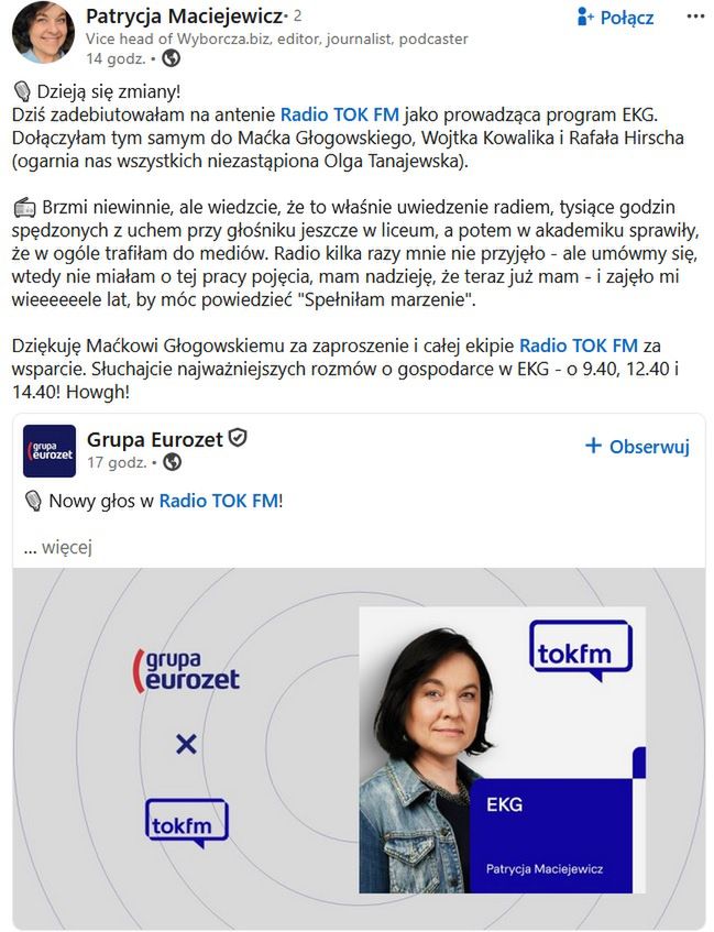 Wpis Patrycji Maciejewicz na LinkedIn