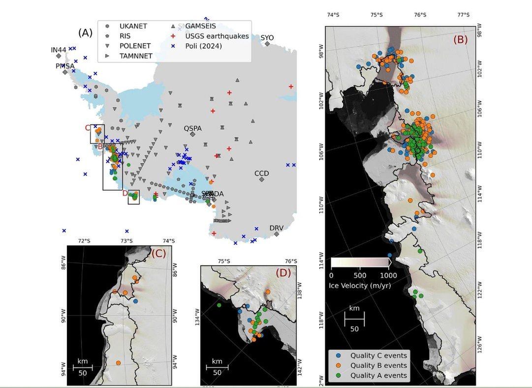Mapa lądowych stacji sejsmicznych na Antarktydzie 2010-2023