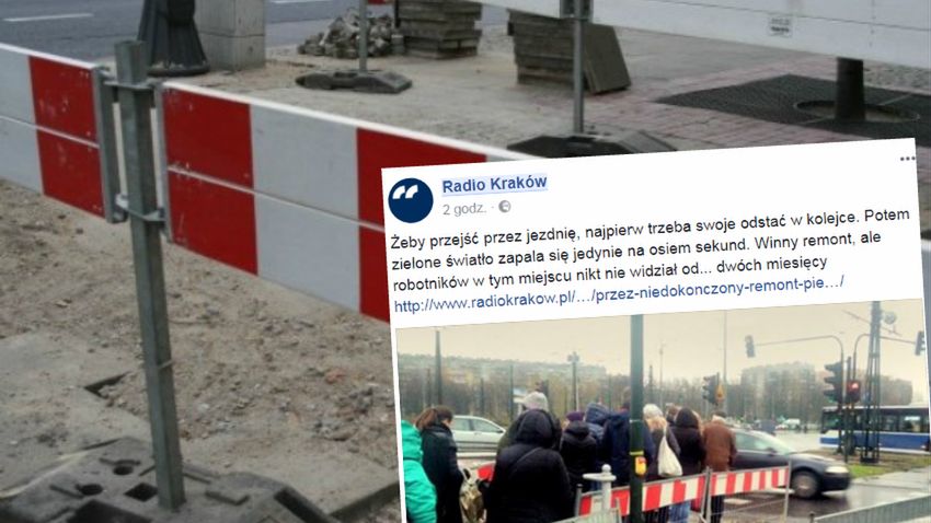 Niedokończony remont jezdni sprawił, że ludzie muszą ustawiać się w kolejce, aby przejść na zielonym świetle