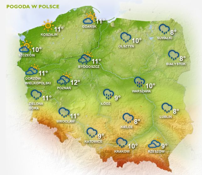 Temperatury w Polsce będą się niedzielę utrzymywać w granicach 8-12 stopni Celsjusza. 
