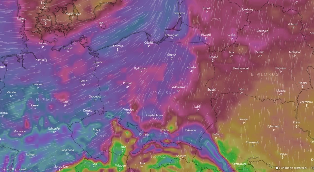 Mapa porywów wiatru nad Polską [stan 10.02]