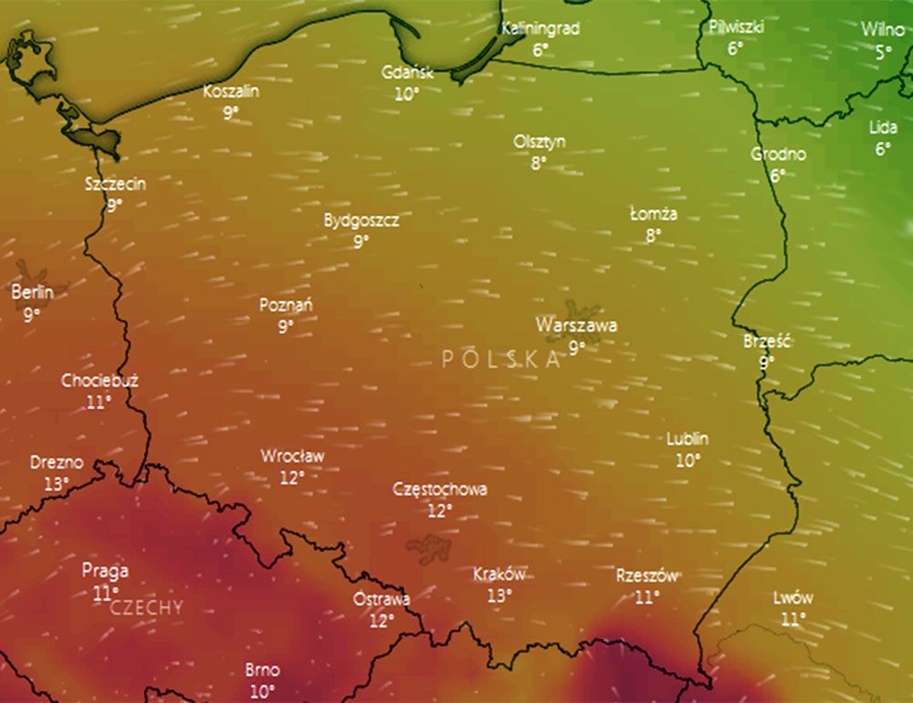 Już w sobotę temperatura sięgnie 10 st. C, ale to w niedzielę w Krakowie może być ponad 13 st. C (na mapie prognozowane temperatury w niedzielę ok. godz. 13)