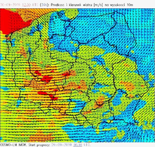 Pogoda. Prognoza prędkości i kierunku wiatru na poniedziałek.