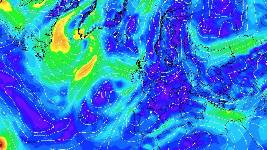 Kierunki i prędkość wiatru nad Europą (w węzłach). Prognoza 5.09.2018