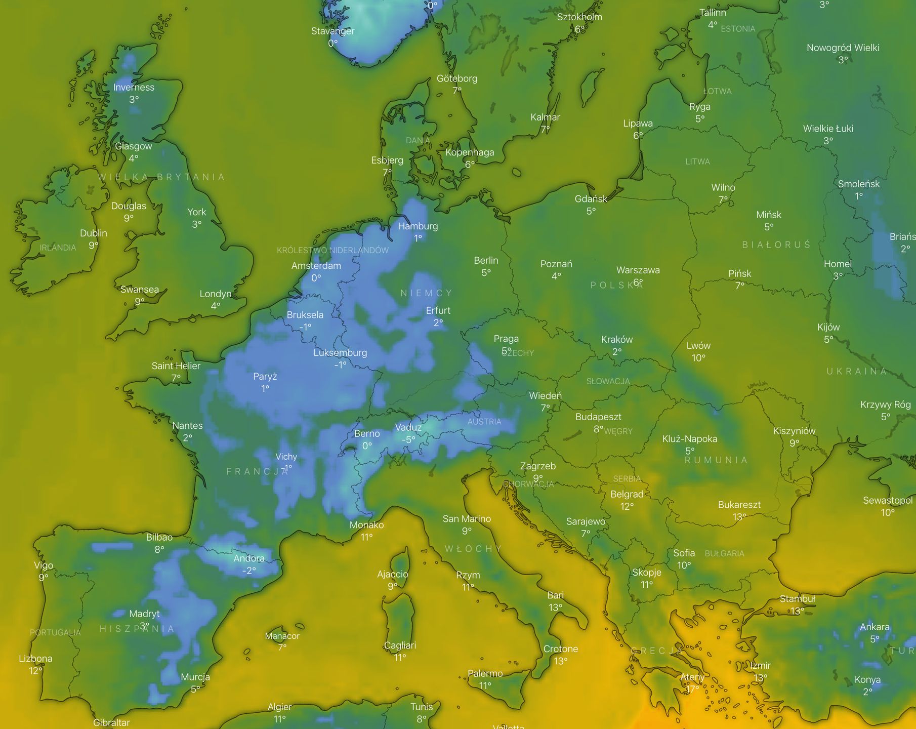 Aktualna temperatura w Europie