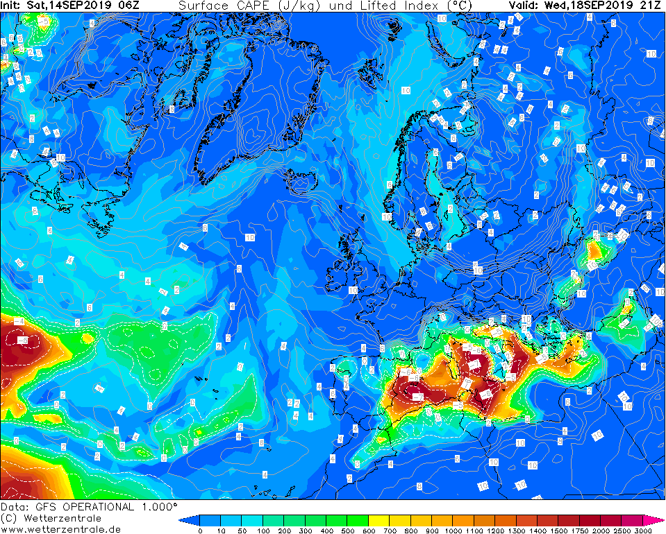 Pogoda. Największą zmianę mamy odczuć w środę. (CAPE - Energia potencjalna dostępna konwekcyjnie)