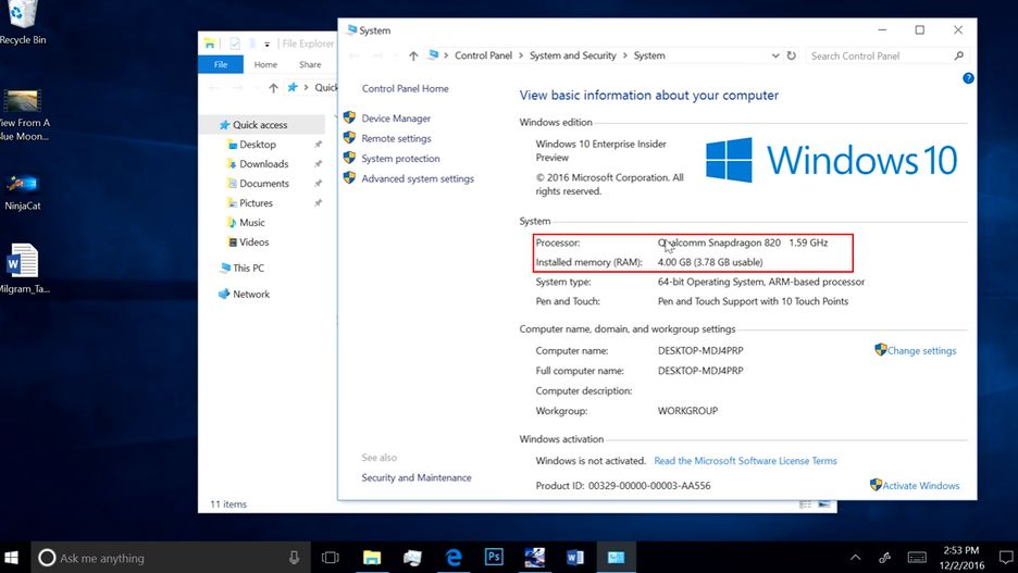 Windows 10 uruchomiony na maszynie z procesorem Qualcomm Snapdragon 820 oraz z 4 GB RAM.