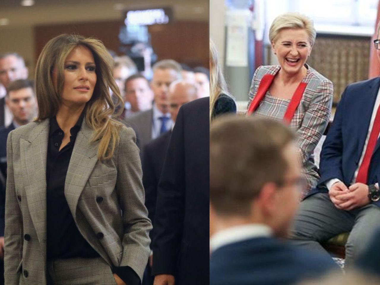 Agata Kornhauser-Duda w modnym kostiumie w kratkę. Podobny ma Melania Trump