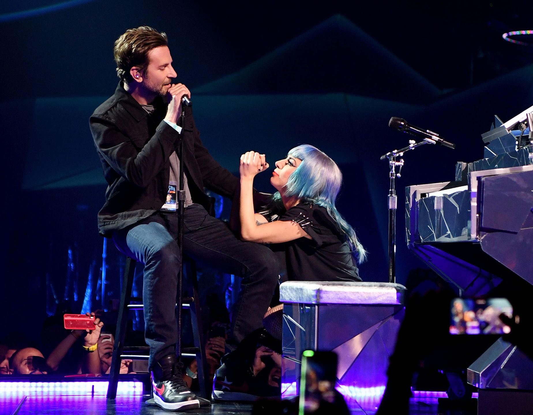 LAS VEGAS, NV - JANUARY 26:  Lady Gaga R) performs �Shallow� with actor/director Bradley Cooper (L) during her ENIGMA residency at Park Theater at Park MGM on January 20, 2019 in Las Vegas, Nevada. (Photo by Denise Truscello/Getty Images)  (Photo by Denise Truscello/WireImage) 