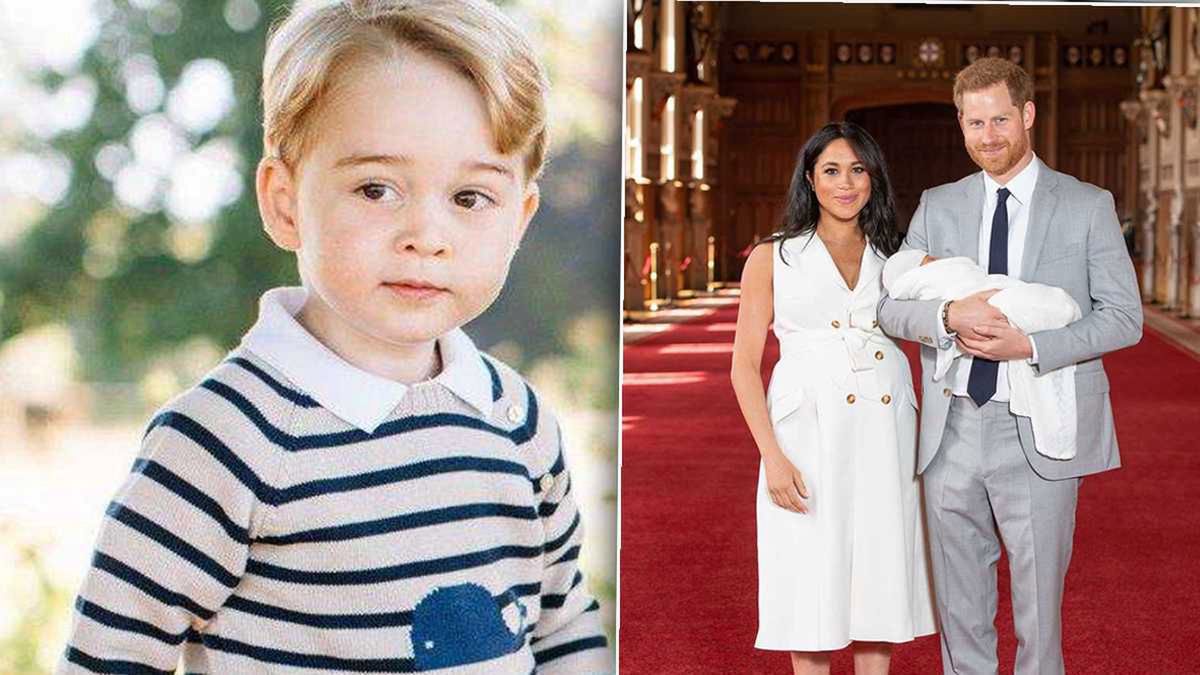 Książę George - księżna Meghan i książę Harry