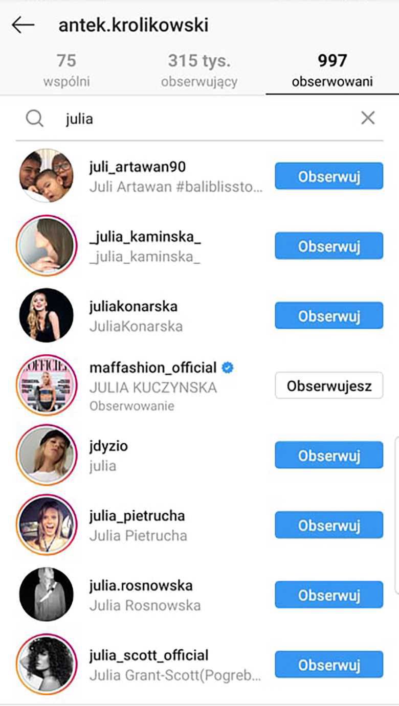 Antek Królikowski nie obserwuje Julii Wieniawy