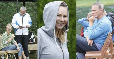 Szczupła Anna Guzik na korcie, zakochani Robert Janowski i Monika Głodek i zamyślony Jan Englert na trybunach