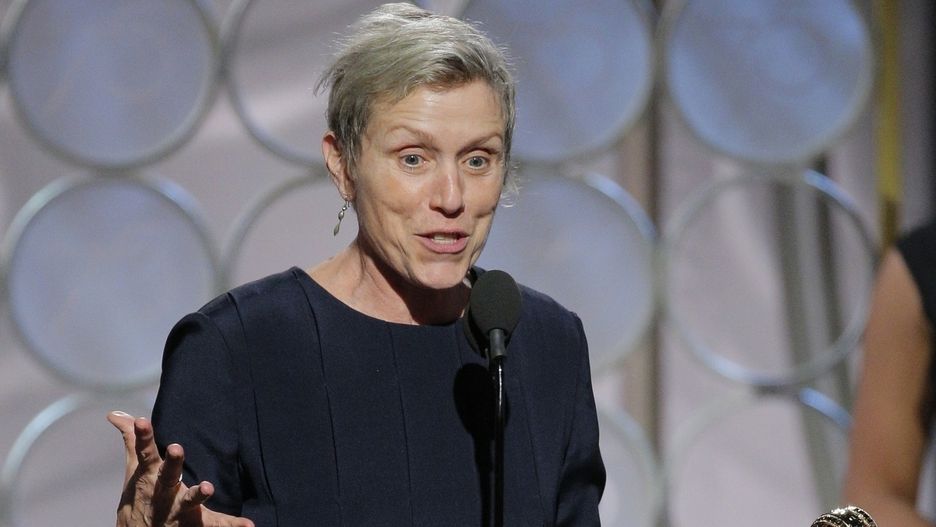 Frances McDormand podczas przemówienia na 75. gali Złotych Globów.