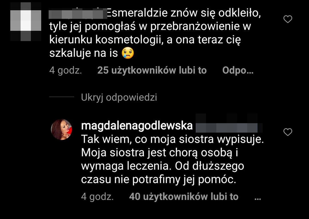 Magdalena Godlewska reaguje na słowa siostry