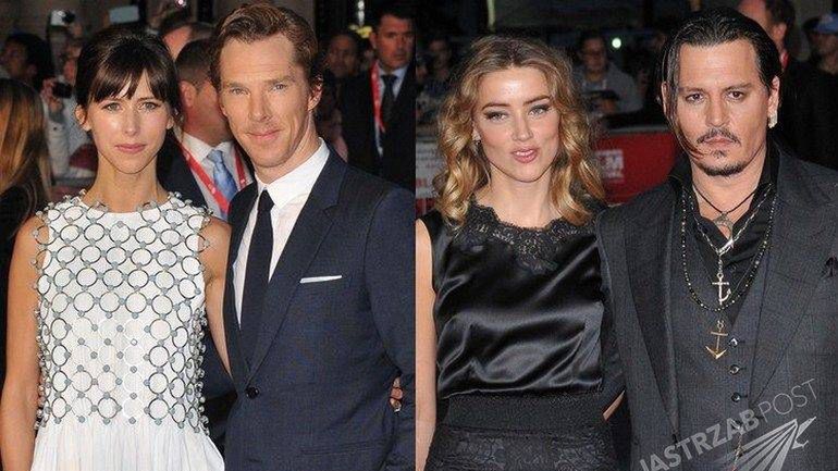 Amber Heard (w sukience Dolce&Gabbana) i Johnny Depp oraz  Sophie Hunter i Benedict Cumberbatch na pokazie filmu "Pakt z diabłem" w Londynie (fot. ONS)