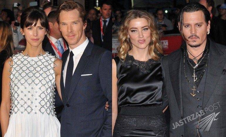 Amber Heard (w sukience Dolce&Gabbana) i Johnny Depp oraz  Sophie Hunter i Benedict Cumberbatch na pokazie filmu "Pakt z diabłem" w Londynie (fot. ONS)