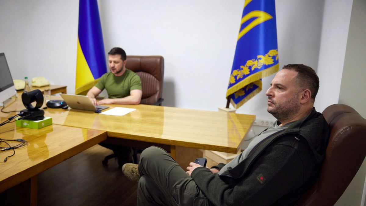 Address of Ukrainian President Volodymyr Zelenskyy to US Congress
KYIV, UKRAINE - MARCH 16, 2022 - President of Ukraine Volodymyr Zelenskyy (L) and head of the Office of the President Andriy Yermak are pictured during the President's address to the US Congress, Kyiv, capital of Ukraine. The custom size photo is courtesy of the press service of the Office of the President of Ukraine. (Photo credit should read UKRINFORM/ Ukrinform/Future Publishing via Getty Images)
Future Publishing
ukraine conflict, russian invasion, ukraine war, russia-ukraine war, ukrainian president, us congress, andriy yermak