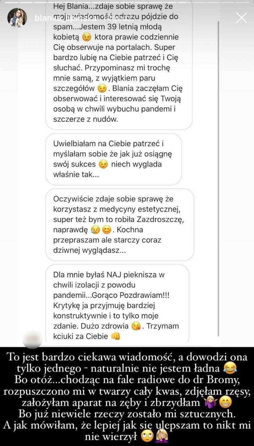 Fanka zaniepokojona wyglądem Blanki Lipińskiej