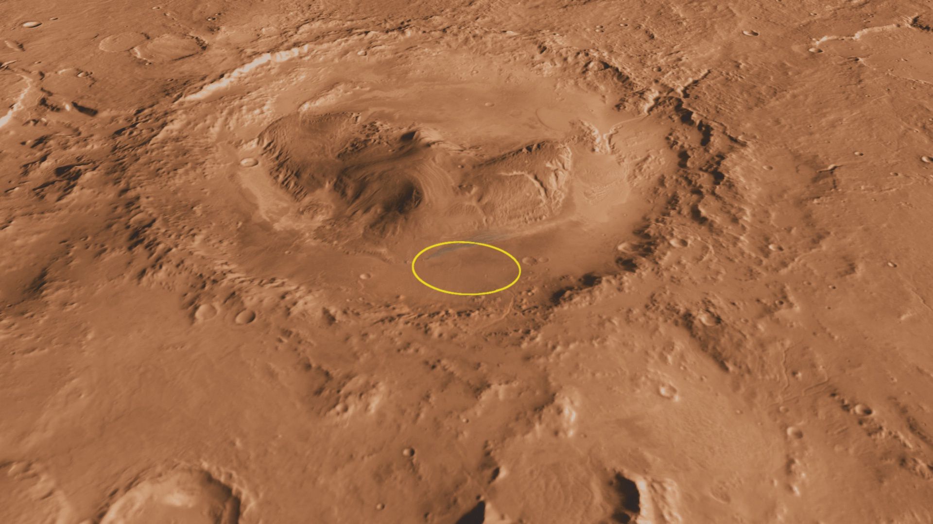Krater Gale z zaznaczonym miejscem lądowania łazika Curiosity zn