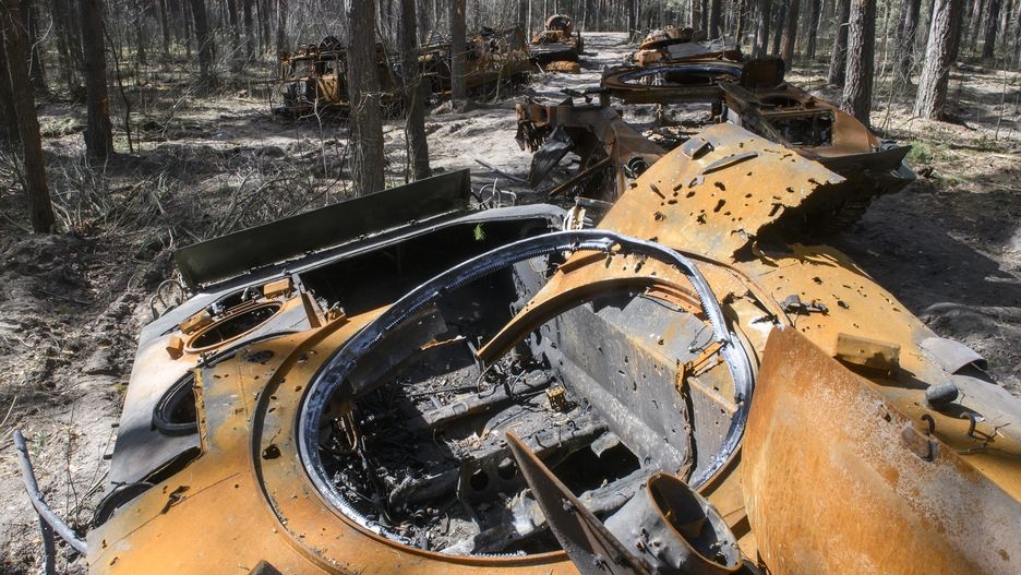 Destroyed Russian military machinery  in the forest in the north of Kyiv, Ukraine, 14 April 2022  (Photo by Maxym Marusenko/NurPhoto via Getty Images)