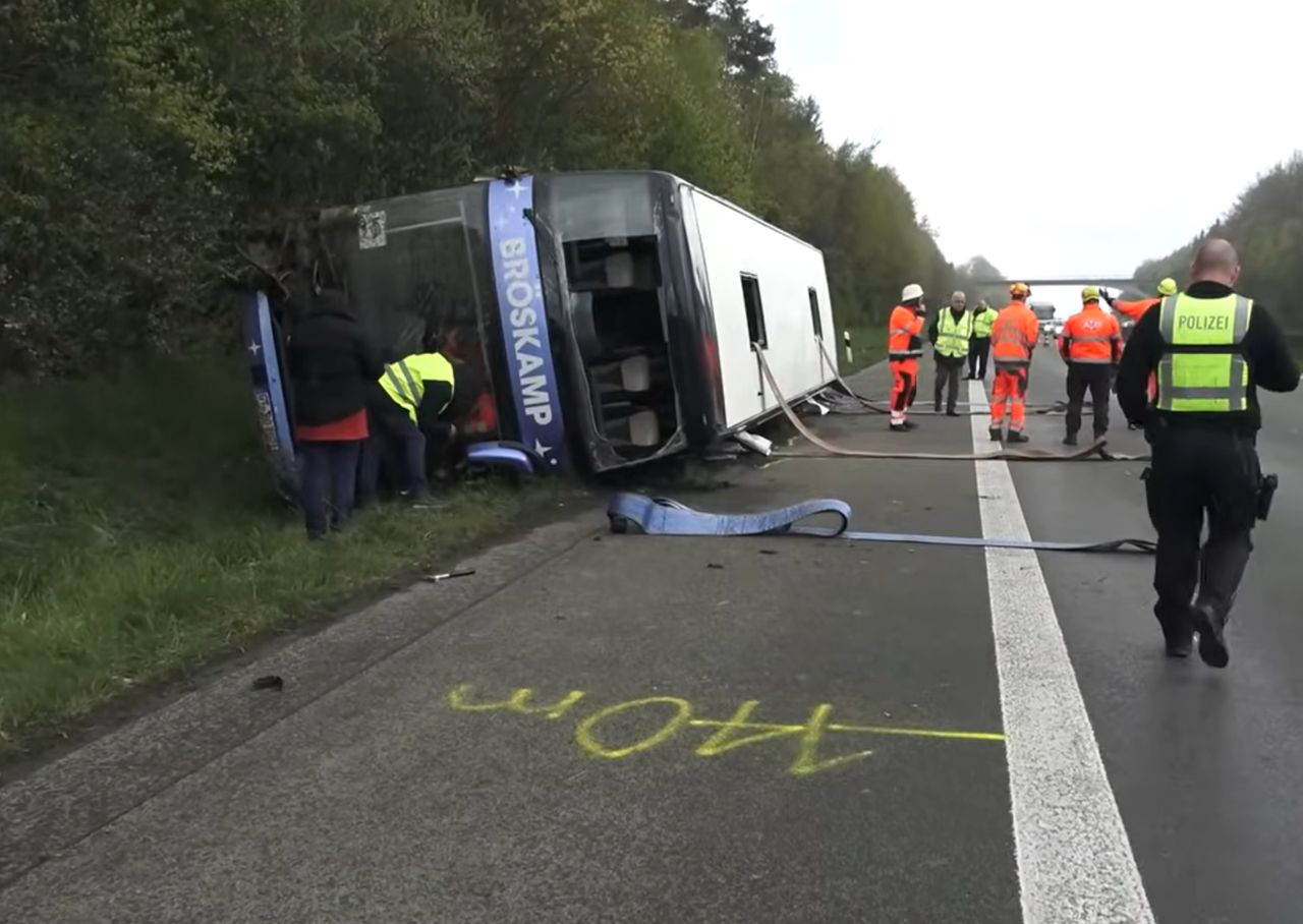 A coach with a school trip overturned on a German motorway.