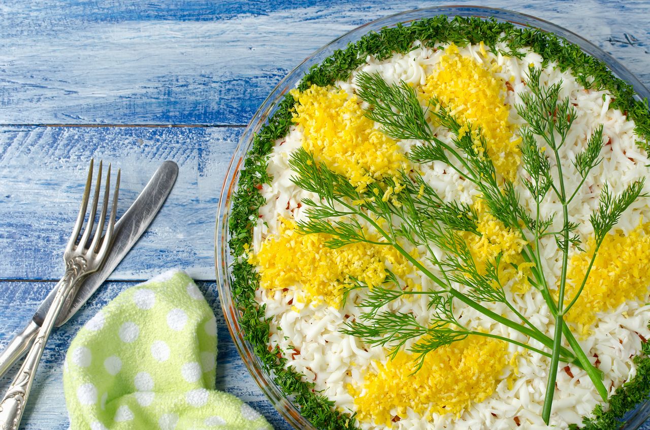 The Mimosa salad delights with its appearance.
