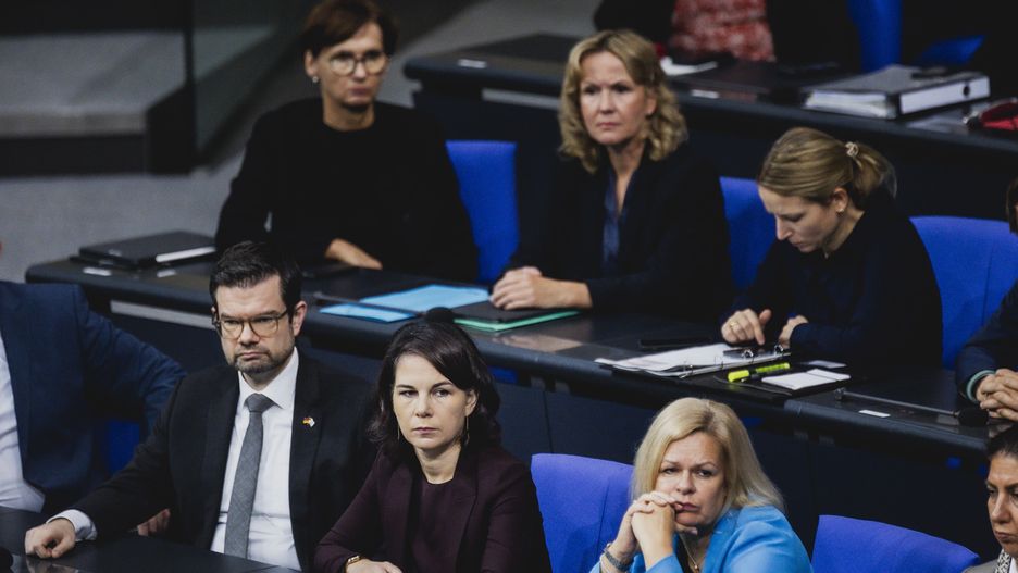 BERLIN, GERMANY - OCTOBER 12: (L-R) Marco Buschmann, German Minister of Justice, Annalena Baerbock, German Foreign Minister, and Nancy Faeser, German Minister for Interior and Community, are pictured during the meeting of the German Bundestag about the current situation in Israel on October 12, 2023 in Berlin, Germany. (Photo by Florian Gaertner/Photothek via Getty Images)