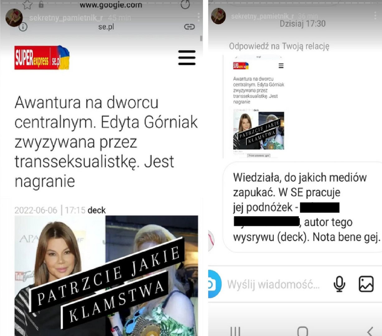 Rafalala o artykule na temat afery z Górniak, screenshot wiadomości od jednego z jej obserwatorów