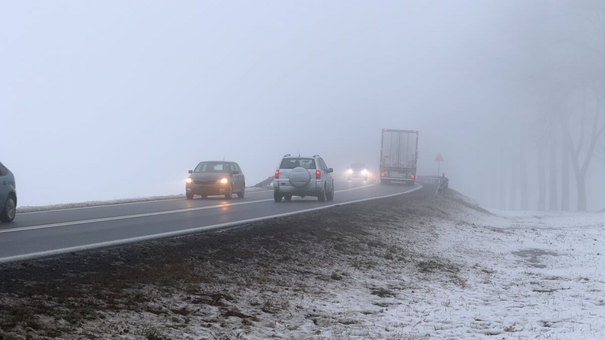 Samochody jadące w gęstej mgle