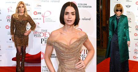 Gwiazdy na premierze sztuki "Diabeł ubiera się u Prady": wydekoltowana Lily Collins, Donatella Versace w mini i kozakach, Anna Wintour