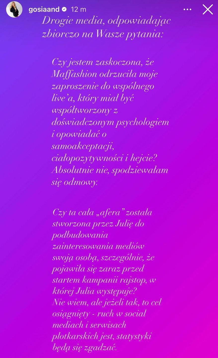 Wpis Gosi Andrzejewicz na Instagramie
