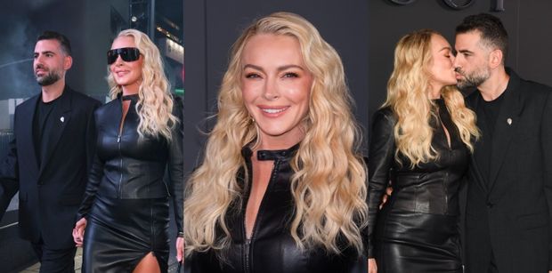 Wygładzona Lindsay Lohan bryluje na pokazie Gucci. Na ściance WYMIENIAŁA CZUŁOŚCI z mężem (ZDJĘCIA)