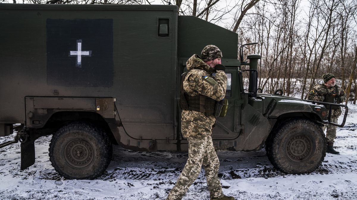 DONETSK OBLAST, UKRAINE - FEBRUARY 19: A Ukrainian military ambulance waiting for the order to evacuate wounded soldiers in the direction of Bakhmut as the war between Russia and Ukraine continues in Donetsk Oblast, Ukraine on February 19, 2024. (Photo by Jose Colon/Anadolu via Getty Images)